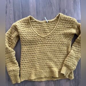 Free People Womens XS Mustard Yellow Lightweight Crochet Oversized Sweater